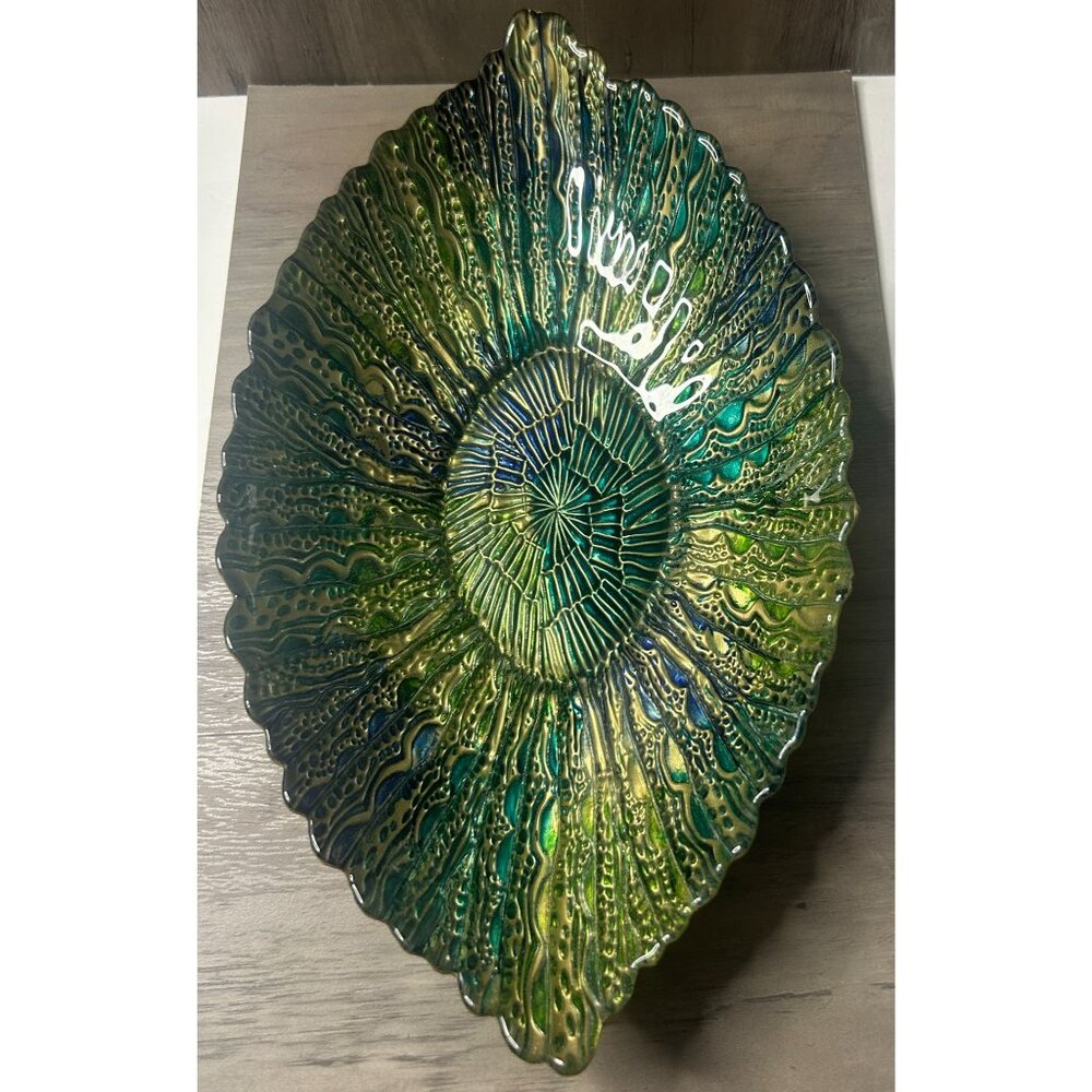 Handcrafted Turkish Iridescent Peacock Blue Green Glass Bowl Centerpiece 15"
